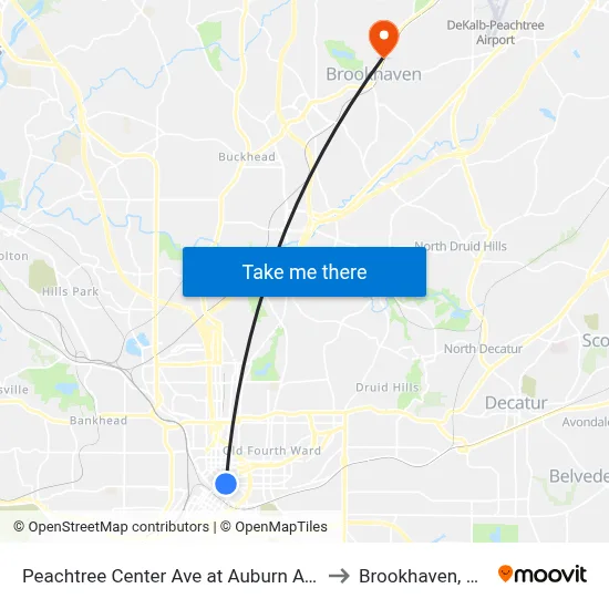 Peachtree Center Ave at Auburn Ave to Brookhaven, GA map