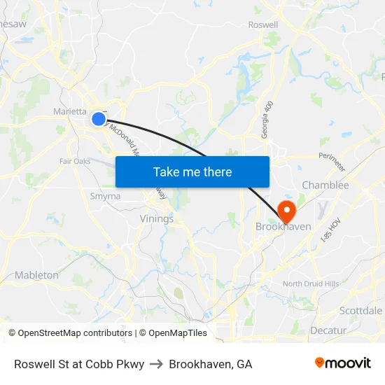 Roswell St at Cobb Pkwy to Brookhaven, GA map