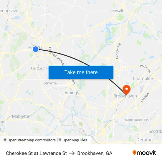 Cherokee St at Lawrence St to Brookhaven, GA map
