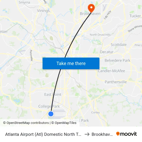 Atlanta Airport (Atl) Domestic North Terminal Dropoffs to Brookhaven, GA map