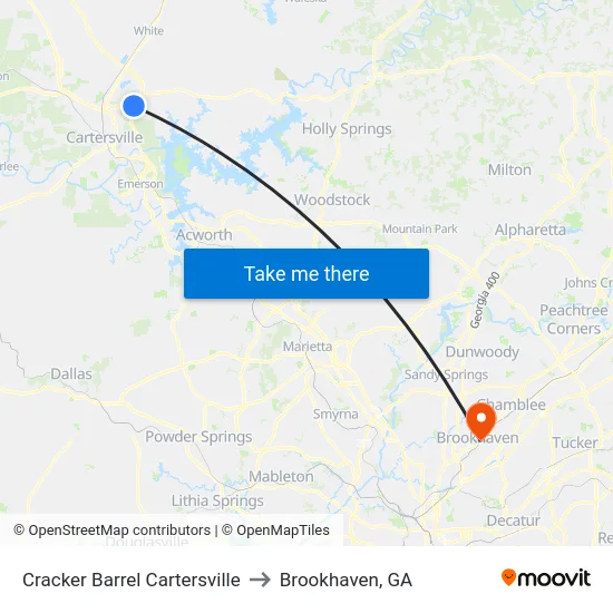 Cracker Barrel Cartersville to Brookhaven, GA map