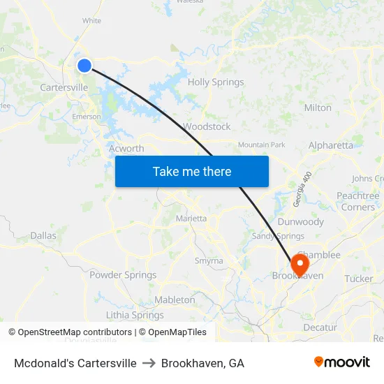Mcdonald's Cartersville to Brookhaven, GA map