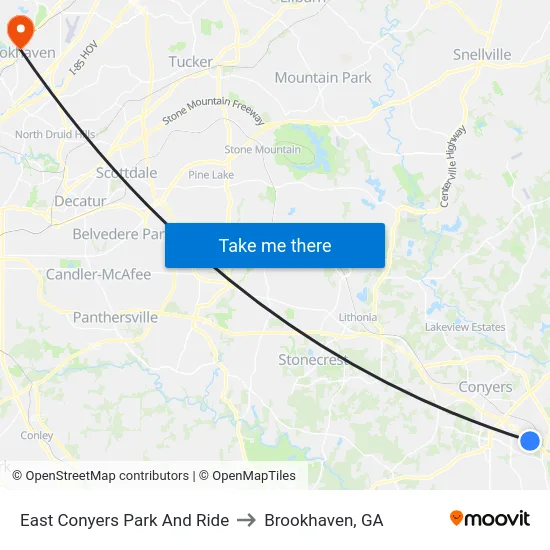 East Conyers Park And Ride to Brookhaven, GA map