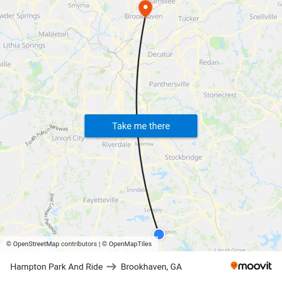 Hampton Park And Ride to Brookhaven, GA map