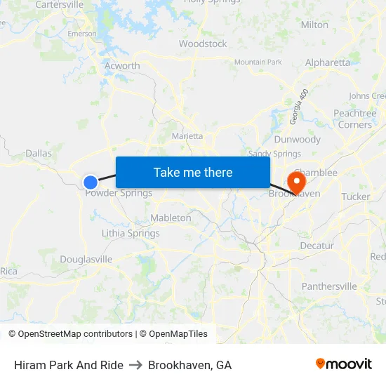 Hiram Park And Ride to Brookhaven, GA map