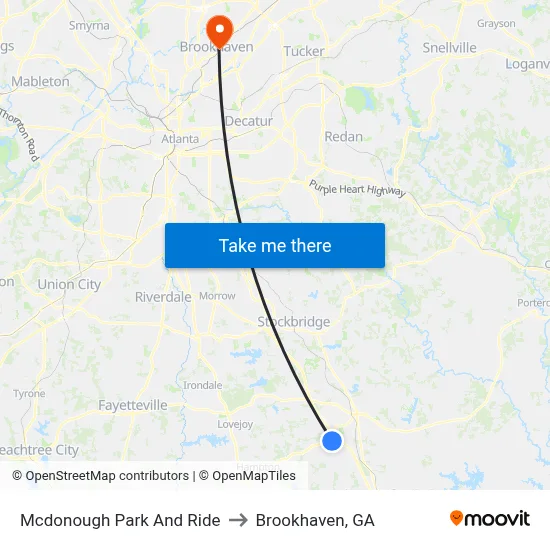 Mcdonough Park And Ride to Brookhaven, GA map
