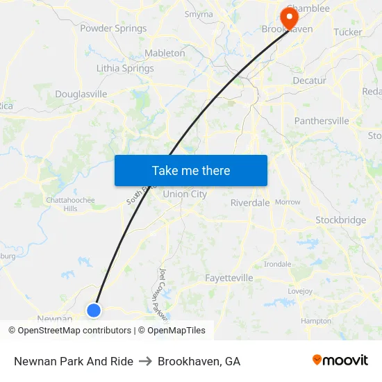 Newnan Park And Ride to Brookhaven, GA map