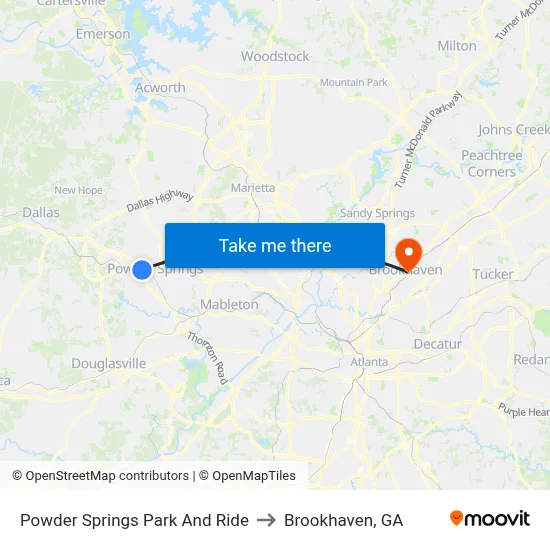 Powder Springs Park And Ride to Brookhaven, GA map