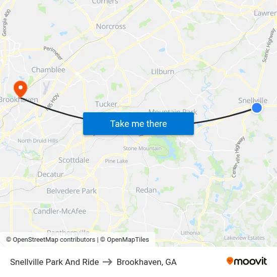 Snellville Park And Ride to Brookhaven, GA map