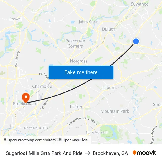 Sugarloaf Mills Grta Park And Ride to Brookhaven, GA map