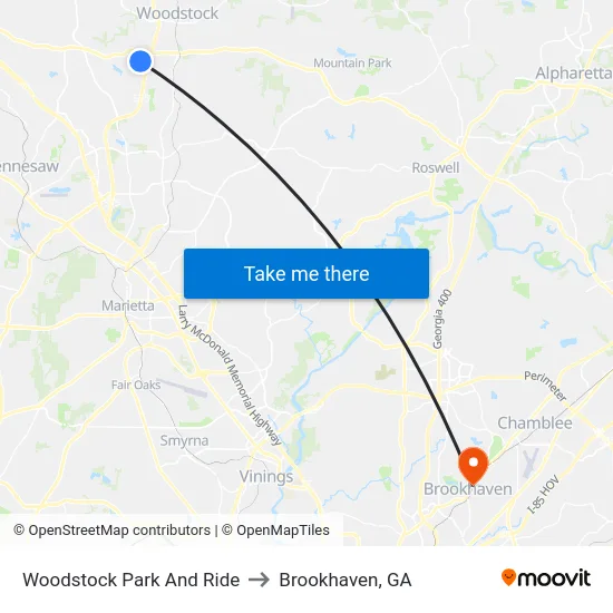 Woodstock Park And Ride to Brookhaven, GA map