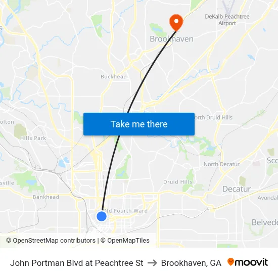 John Portman Blvd at Peachtree St to Brookhaven, GA map