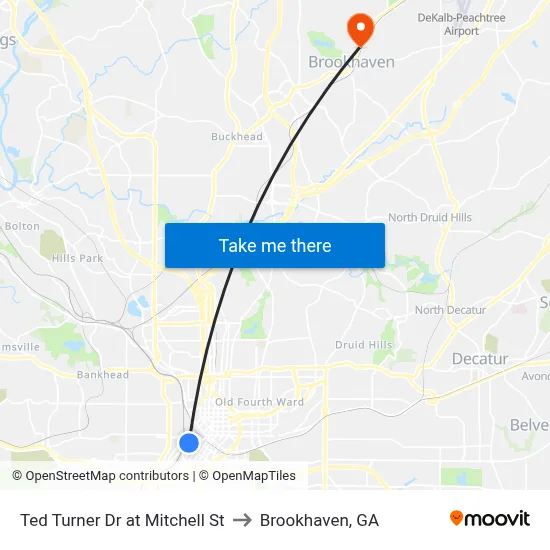 Ted Turner Dr at Mitchell St to Brookhaven, GA map