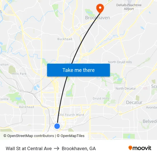 Wall St at Central Ave to Brookhaven, GA map