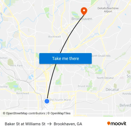 Baker St at Williams St to Brookhaven, GA map