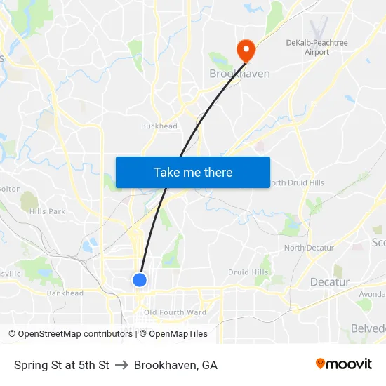 Spring St at 5th St to Brookhaven, GA map