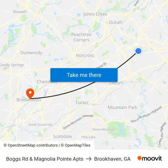Boggs Rd & Magnolia Pointe Apts to Brookhaven, GA map