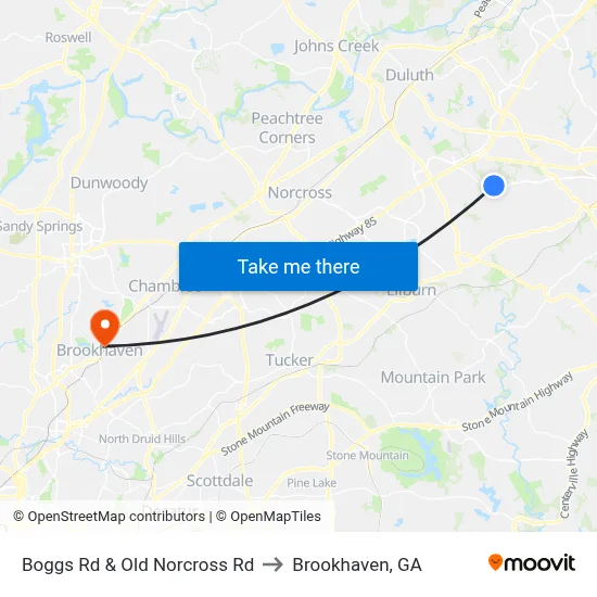 Boggs Rd & Old Norcross Rd to Brookhaven, GA map