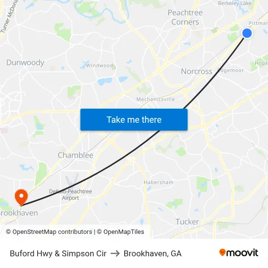 Buford Hwy & Simpson Cir to Brookhaven, GA map