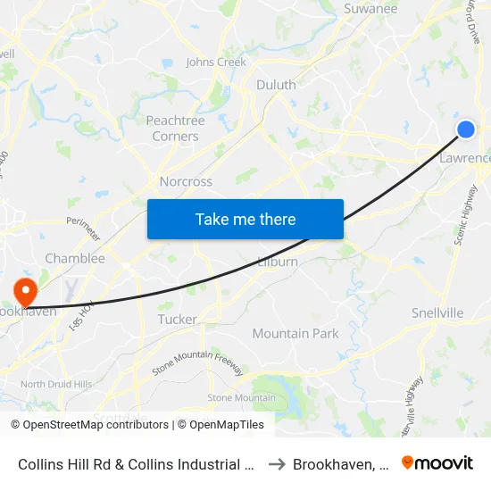 Collins Hill Rd & Collins Industrial Way to Brookhaven, GA map