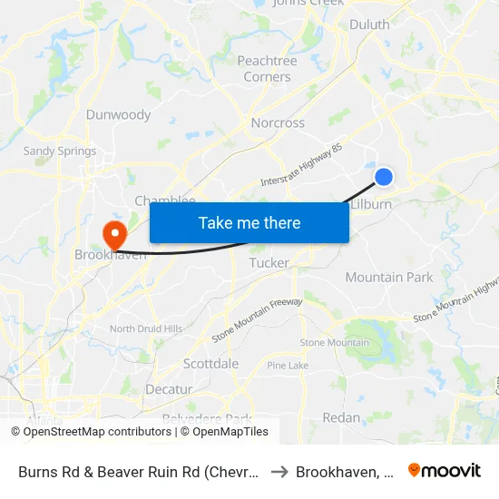 Burns Rd & Beaver Ruin Rd (Chevron) to Brookhaven, GA map