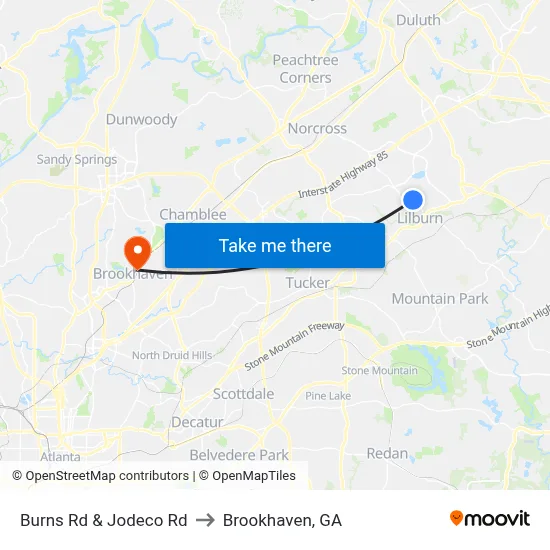 Burns Rd & Jodeco Rd to Brookhaven, GA map