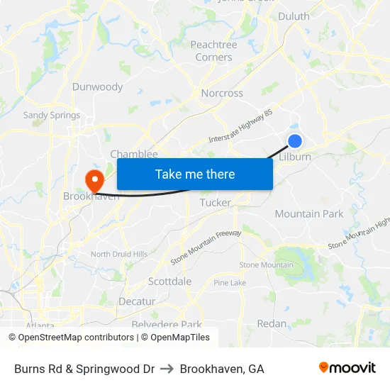 Burns Rd & Springwood Dr to Brookhaven, GA map