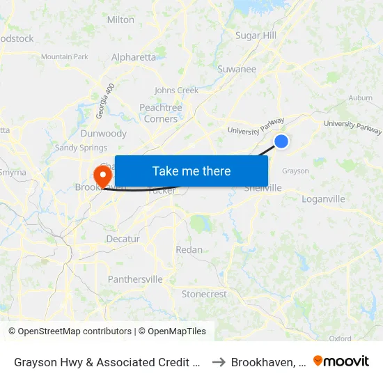 Grayson Hwy & Associated Credit Union to Brookhaven, GA map