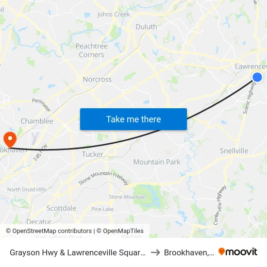 Grayson Hwy & Lawrenceville Square Plaza to Brookhaven, GA map