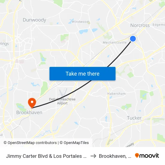 Jimmy Carter Blvd & Los Portales Rest to Brookhaven, GA map