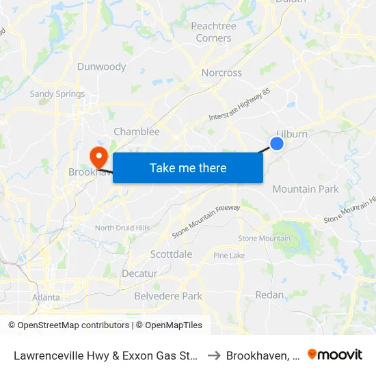 Lawrenceville Hwy & Exxon Gas Station to Brookhaven, GA map