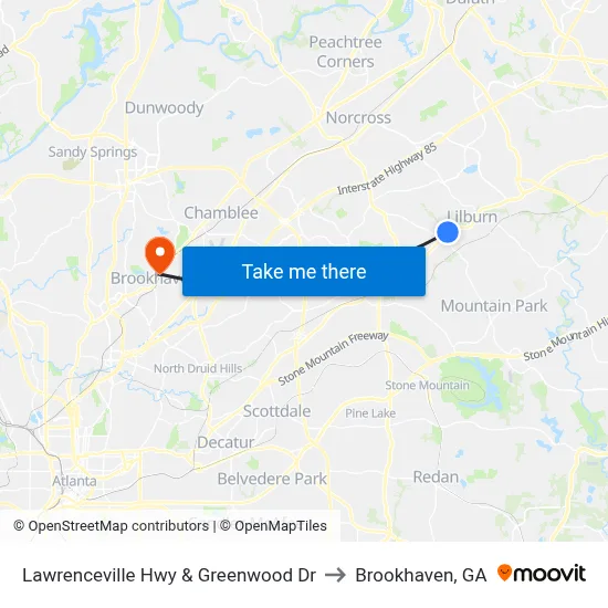 Lawrenceville Hwy & Greenwood Dr to Brookhaven, GA map