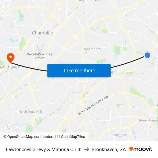 Lawrenceville Hwy & Mimosa Cir Ib to Brookhaven, GA map
