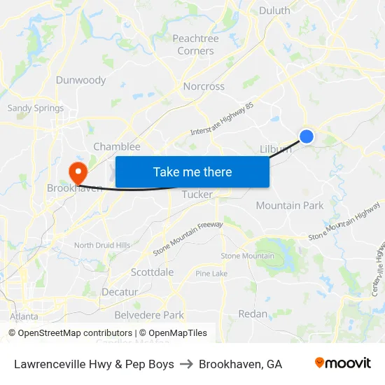 Lawrenceville Hwy & Pep Boys to Brookhaven, GA map