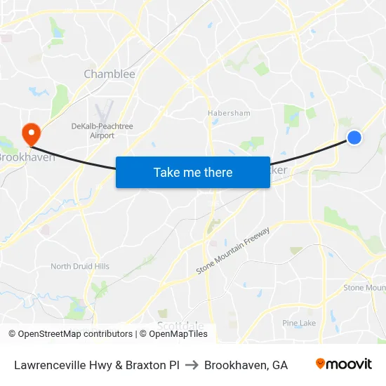 Lawrenceville Hwy & Braxton Pl to Brookhaven, GA map