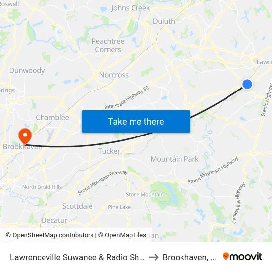 Lawrenceville Suwanee & Radio Shack to Brookhaven, GA map