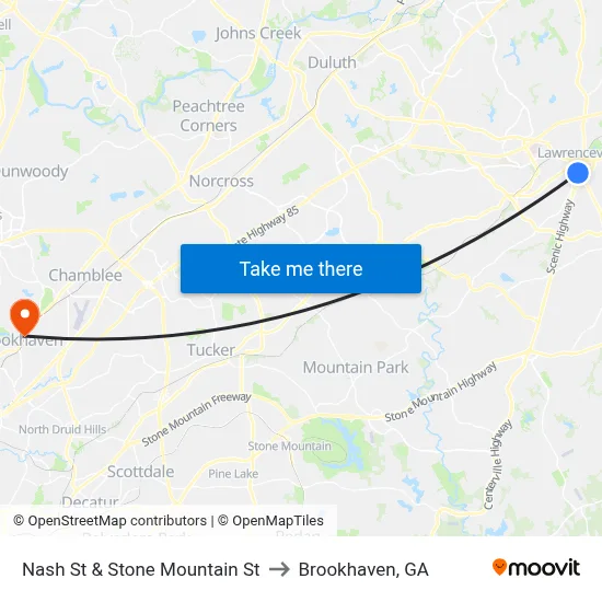 Nash St & Stone Mountain St to Brookhaven, GA map