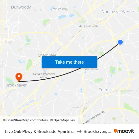 Live Oak Pkwy & Brookside Apartments to Brookhaven, GA map