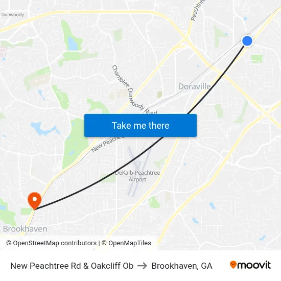 New Peachtree Rd & Oakcliff Ob to Brookhaven, GA map
