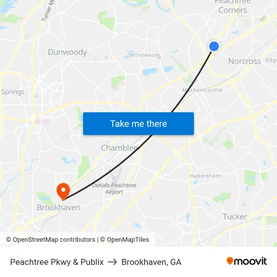 Peachtree Pkwy & Publix to Brookhaven, GA map