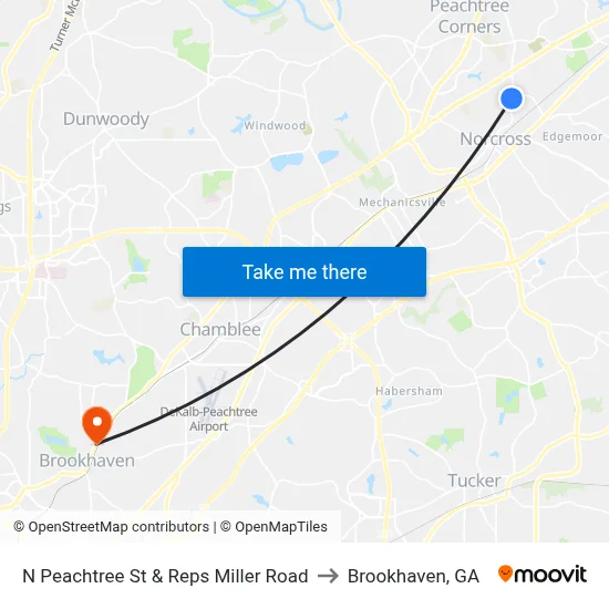 N Peachtree St & Reps Miller Road to Brookhaven, GA map