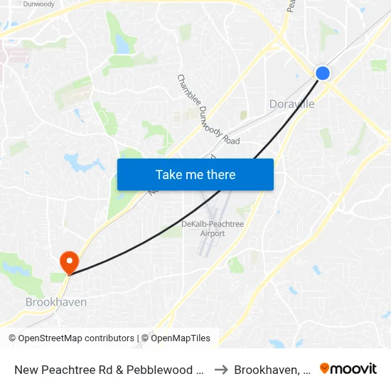 New Peachtree Rd & Pebblewood Apts to Brookhaven, GA map
