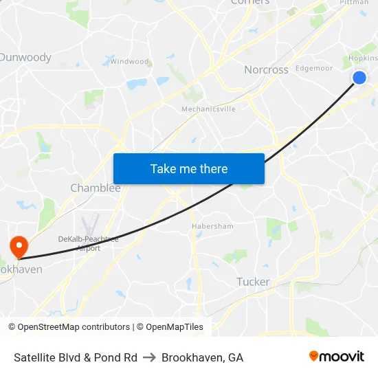 Satellite Blvd & Pond Rd to Brookhaven, GA map