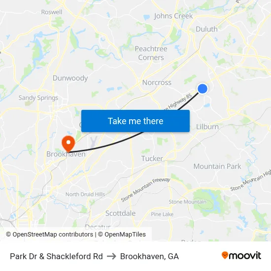 Park Dr & Shackleford Rd to Brookhaven, GA map