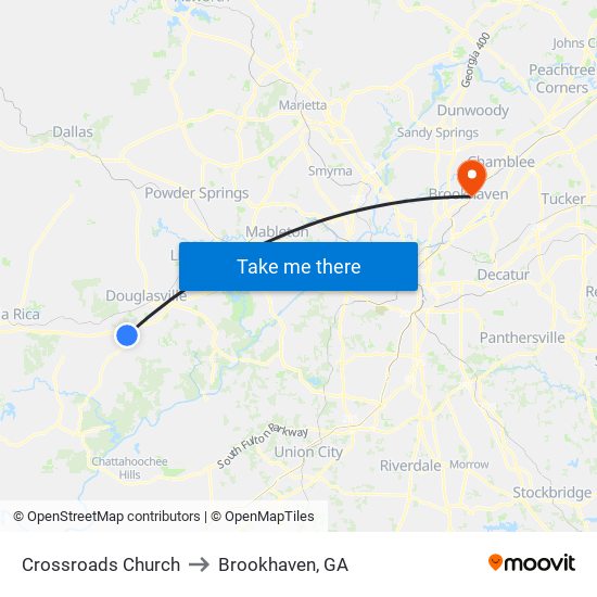 Crossroads Church to Brookhaven, GA map