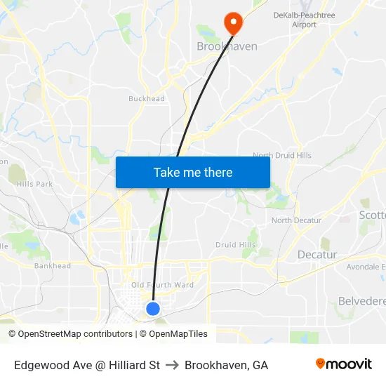 Edgewood Ave @ Hilliard St to Brookhaven, GA map