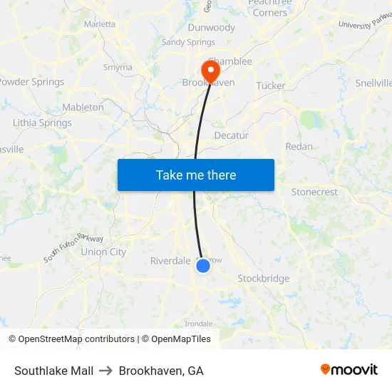 Southlake Mall to Brookhaven, GA map