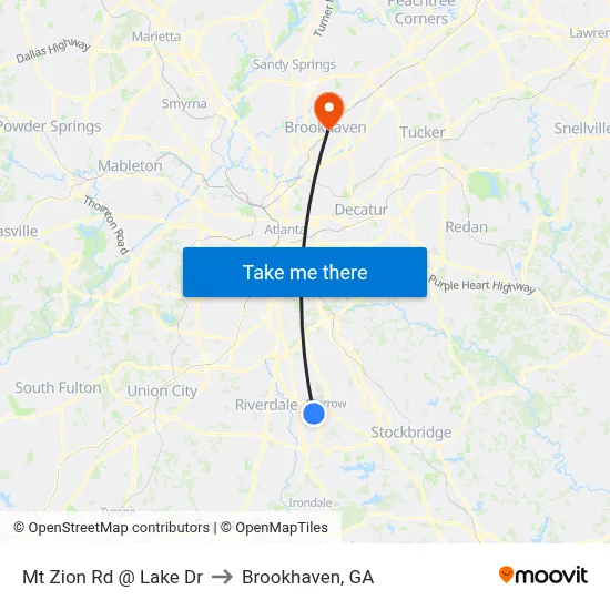Mt Zion Rd @ Lake Dr to Brookhaven, GA map
