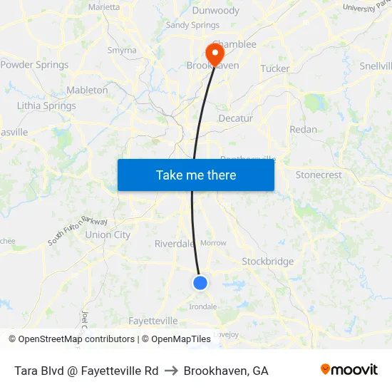 Tara Blvd @ Fayetteville Rd to Brookhaven, GA map