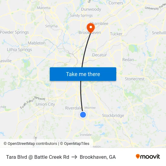 Tara Blvd @ Battle Creek Rd to Brookhaven, GA map